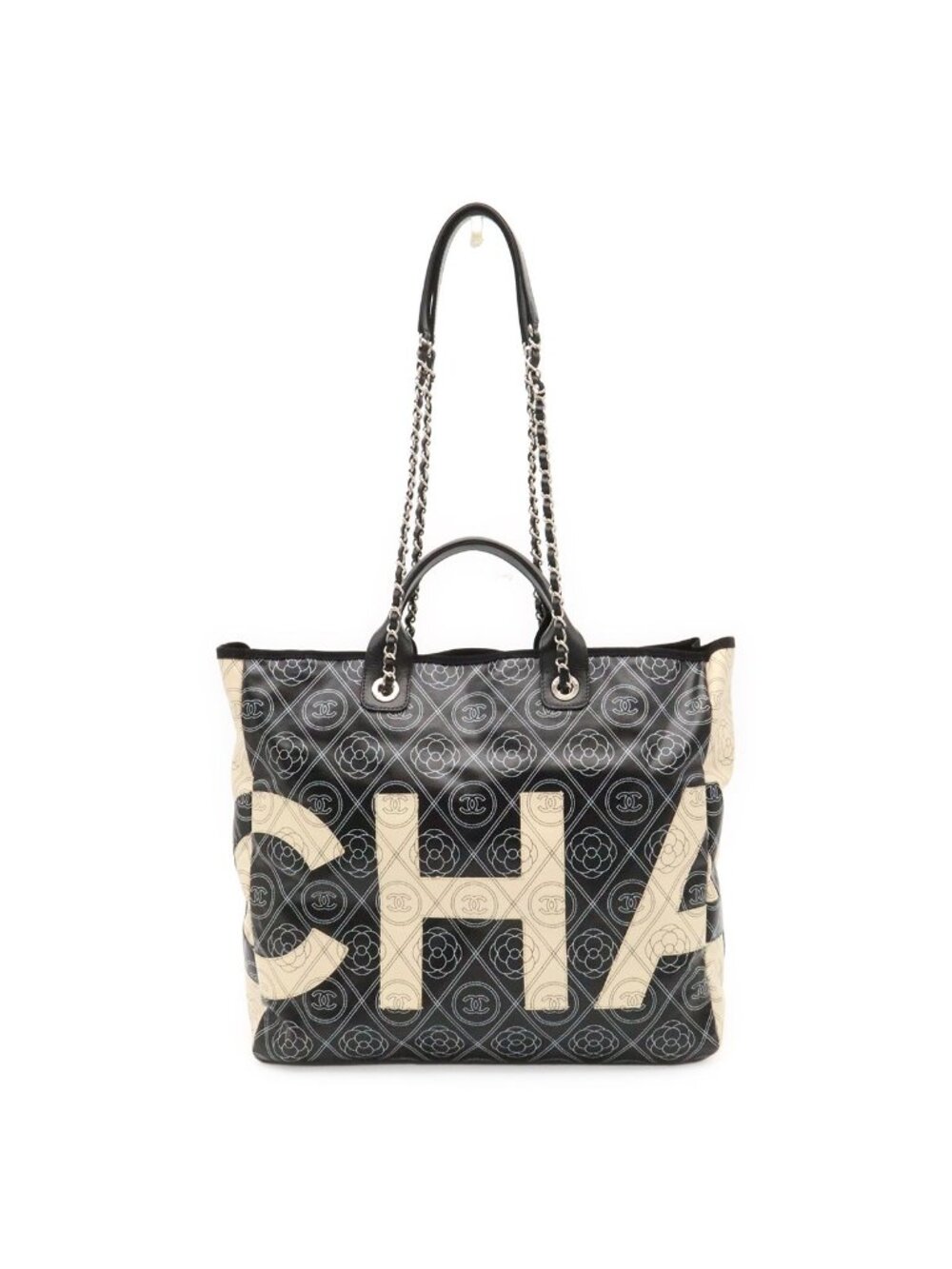 Chanel Camellia CC Logo Large Shopping Tote 2-Way Chain Shoulder Bag Black Beige